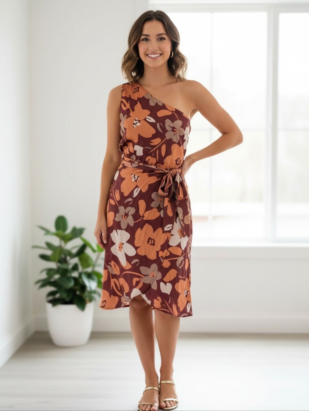 Gilli One-Shoulder Tropical Floral Faux-Wrap Mini Dress Size M